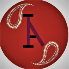 the letter 'a' in a red circle with a paisley design.