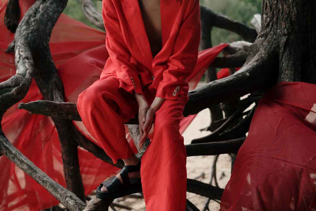 red colored pantsuit
